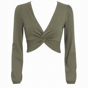 Olive Green Ribbed Twist Front Crop Top – Long Sleeve V-Neck (Size S)